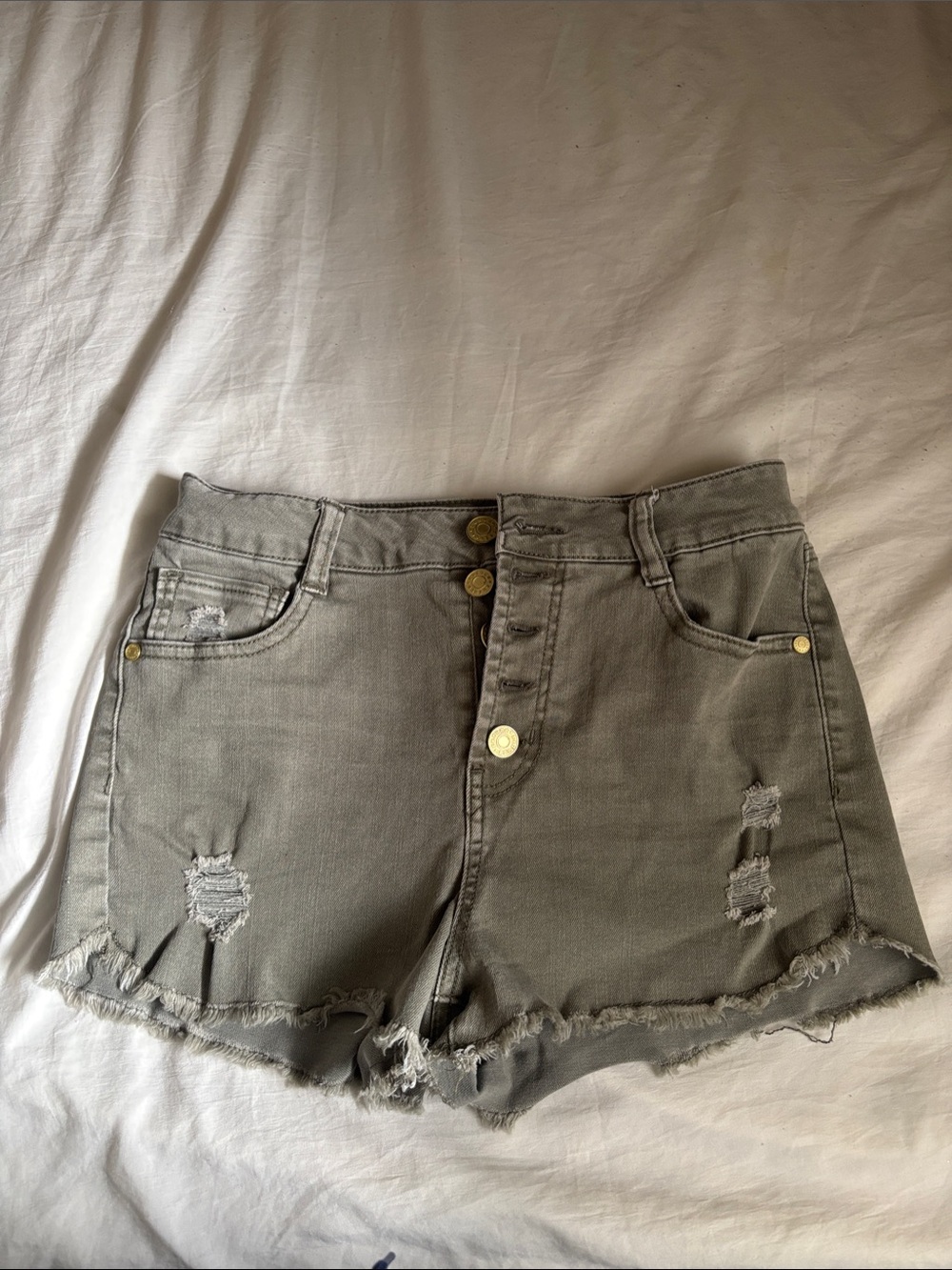 refuge Olive Green Distressed Button-Front Denim Shorts